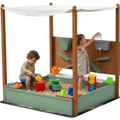Träsandlåda för barn med tak, Barnsandlåda med 2 sittplatser, 2 förvaringslådor, Kran, Tratt, 116x112,5x128 cm, Grön