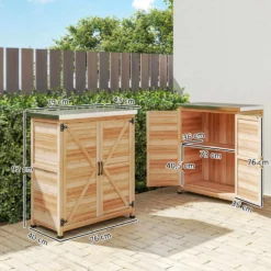 Träskjul för utomhusbruk med ståltak och 2 dörrar för verktygsförvaring 79x43x92 cm naturfärgad