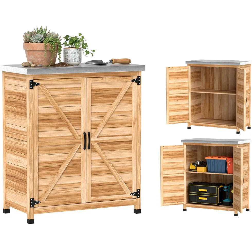 Träskjul för utomhusbruk med ståltak och 2 dörrar för verktygsförvaring 79x43x92 cm naturfärgad