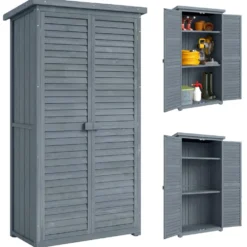 Träskjul, Träkoja, 0,31 m², 87x46,5x160 cm med 2 dörrar och 2 hyllor, grå invändig
