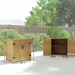 Träskåp för trädgården, dubbeldörr, justerbar hylla och bitumentak, gran