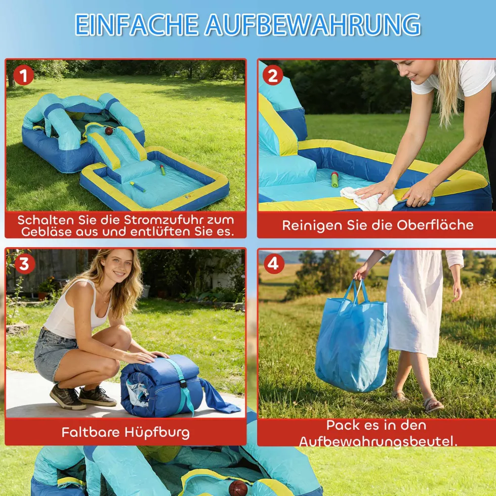 Uppblåsbar hoppborg med fläkt, rutschkana, studsmatta, barnpool/bollhav, vattenpistol, 364x173x182 cm, blå