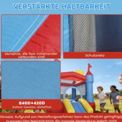 Uppblåsbar hoppborg med fläkt, rutschkana, studsmatta, barnpool/bollhav, vattenpistol, 342x255x209 cm, blå