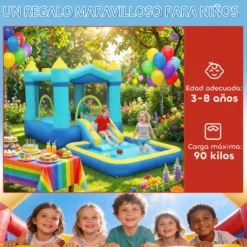 Uppblåsbart slott för barn med fläkt, rutschkana, studsmatta, pool och basketkorg för barn 3-8 år, blå