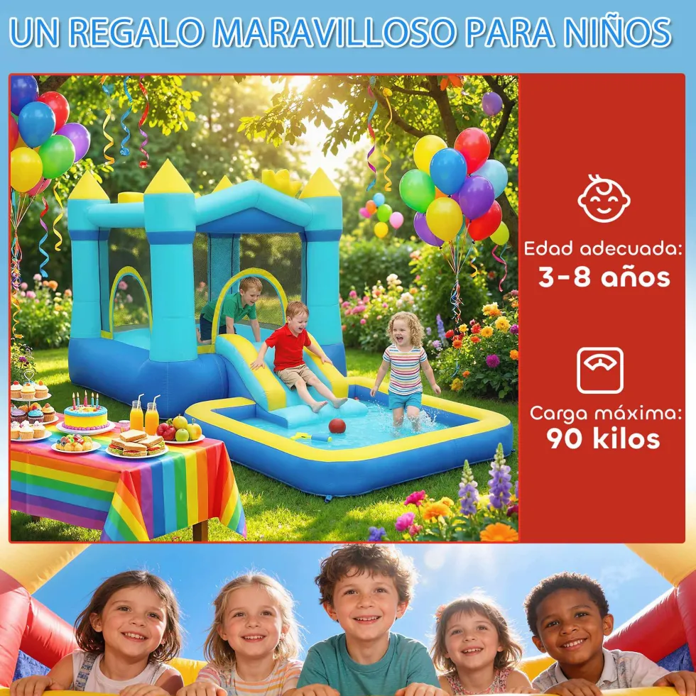 Uppblåsbart slott för barn med fläkt, rutschkana, studsmatta, pool och basketkorg för barn 3-8 år, blå