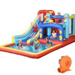 Uppblåsbart slott för 3-8-åringar med fläkt, rutschkana, studsmatta, pool, bärväska, 435x245x200 cm, flerfärgad