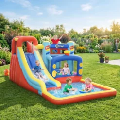 Uppblåsbart slott för 3-8-åringar med fläkt, rutschkana, studsmatta, pool, bärväska, 435x245x200 cm, flerfärgad