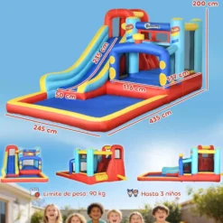 Uppblåsbart slott för 3-8-åringar med fläkt, rutschkana, studsmatta, pool, bärväska, 435x245x200 cm, flerfärgad