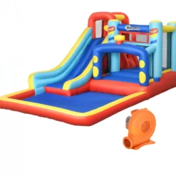 Uppblåsbart slott för 3-8-åringar med fläkt, rutschkana, studsmatta, pool, bärväska, 435x245x200 cm, flerfärgad