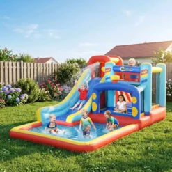 Uppblåsbart slott för 3-8-åringar med fläkt, rutschkana, studsmatta, pool, bärväska, 435x245x200 cm, flerfärgad