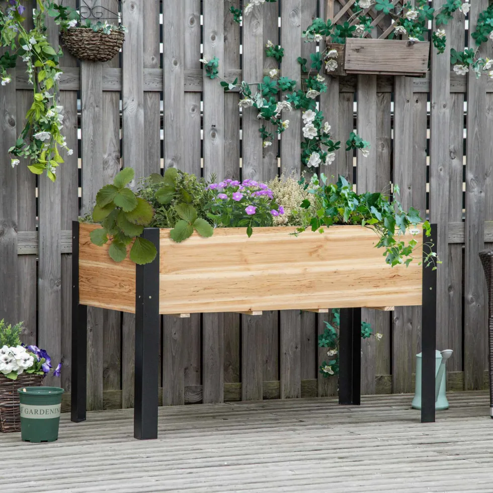 Upphöjd rabatt, planteringslåda, örtträdgård, massivt trä, stål, 120x60x74 cm, natursvart