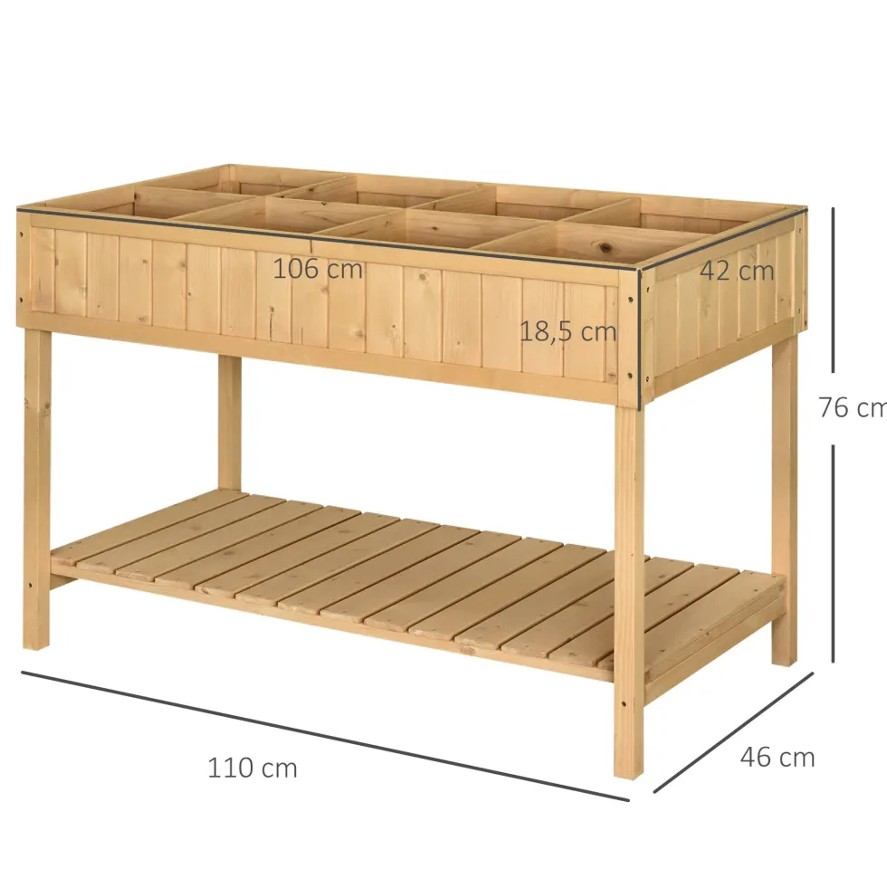 Upphöjd trädgårdsbädd av furu, 110x46x76 cm, med 8 fack och bevattningsinsats