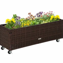 Upphöjd trädgårdsbädd av polyrotting med hjul, 94,5 x 31 x 36 cm, planteringslåda med dräneringshål, kaffebrun