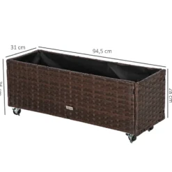 Upphöjd trädgårdsbädd av polyrotting med hjul, 94,5 x 31 x 36 cm, planteringslåda med dräneringshål, kaffebrun