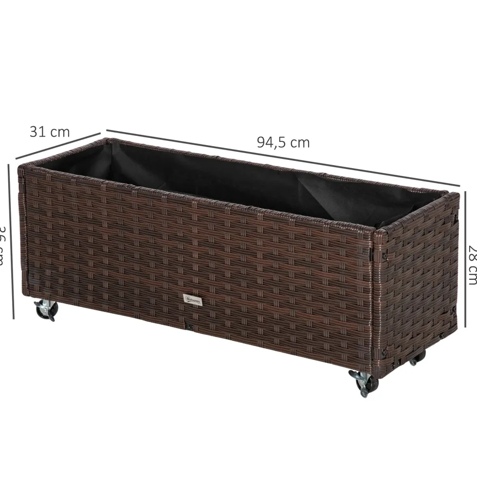 Upphöjd trädgårdsbädd av polyrotting med hjul, 94,5 x 31 x 36 cm, planteringslåda med dräneringshål, kaffebrun