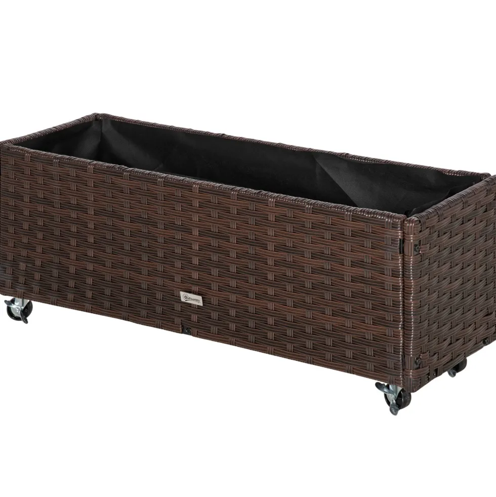 Upphöjd trädgårdsbädd av polyrotting med hjul, 94,5 x 31 x 36 cm, planteringslåda med dräneringshål, kaffebrun