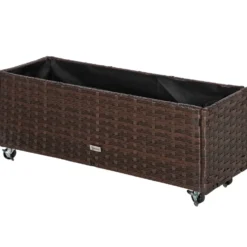 Upphöjd trädgårdsbädd av polyrotting med hjul, 94,5 x 31 x 36 cm, planteringslåda med dräneringshål, kaffebrun