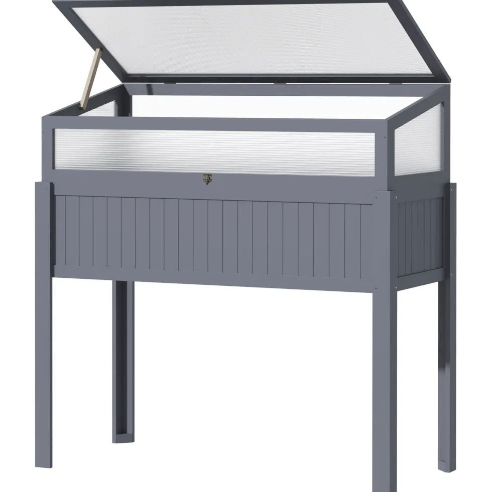 Upphöjd trädgårdsbädd i trä med kallram, 2-i-1-växthus, grönsaks- och örtträdgård, polykarbonat, grå, 120x54x112 cm