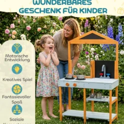 Utomhuslekkök i trä med lerkök, spis, avtagbar diskho och hyllor för barn 3-8 år, ljusblå