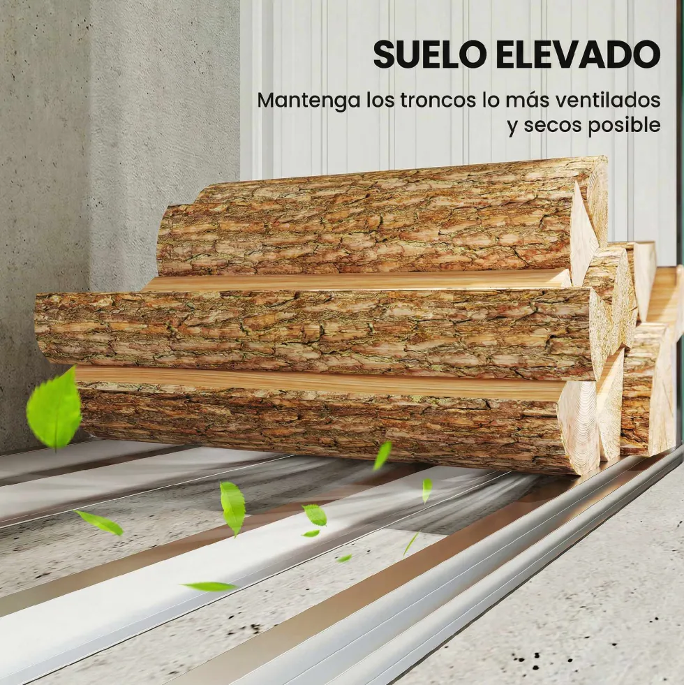 Vedbod i galvaniserat stål med upphöjd bas och sluttande tak 213x66,5x150 cm grön