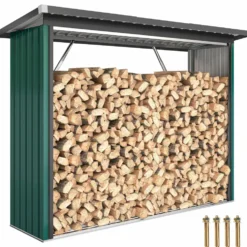Vedbod i galvaniserat stål med upphöjd bas och sluttande tak 213x66,5x150 cm grön