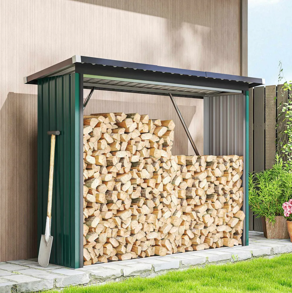 Vedbod i galvaniserat stål med upphöjd bas och sluttande tak 213x66,5x150 cm grön