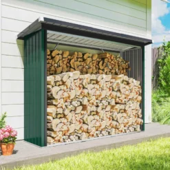 Vedbod i galvaniserat stål med upphöjd bas och sluttande tak 213x66,5x150 cm grön