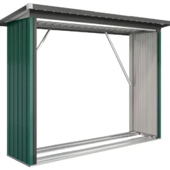Vedbod i galvaniserat stål med upphöjd bas och sluttande tak 213x66,5x150 cm grön