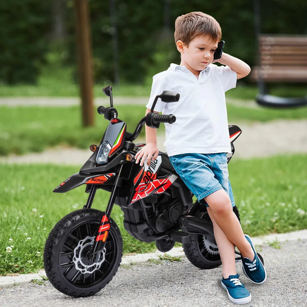 12V Elmotorcykel för Barn, Licensierad Aprilia, Med Avtagbara Stödhjul, 6 km/h, Bakfjädring, Röd
