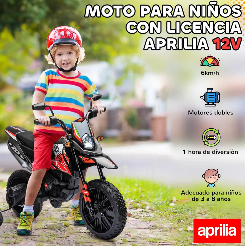 12V Elmotorcykel för Barn, Licensierad Aprilia, Med Avtagbara Stödhjul, 6 km/h, Bakfjädring, Röd
