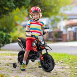 12V Elmotorcykel för Barn, Licensierad Aprilia, Med Avtagbara Stödhjul, 6 km/h, Bakfjädring, Röd
