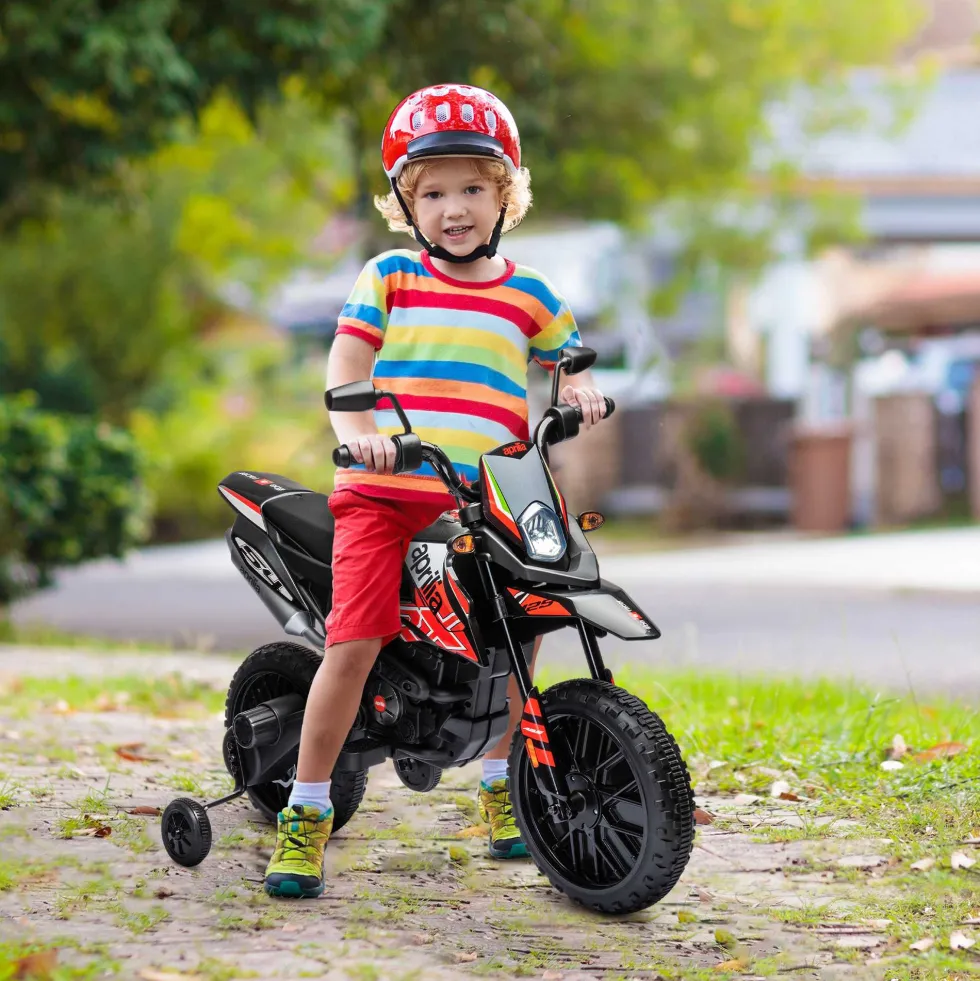 12V Elmotorcykel för Barn, Licensierad Aprilia, Med Avtagbara Stödhjul, 6 km/h, Bakfjädring, Röd