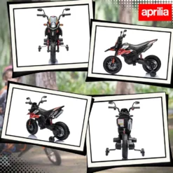 12V Elmotorcykel för Barn, Licensierad Aprilia, Med Avtagbara Stödhjul, 6 km/h, Bakfjädring, Röd