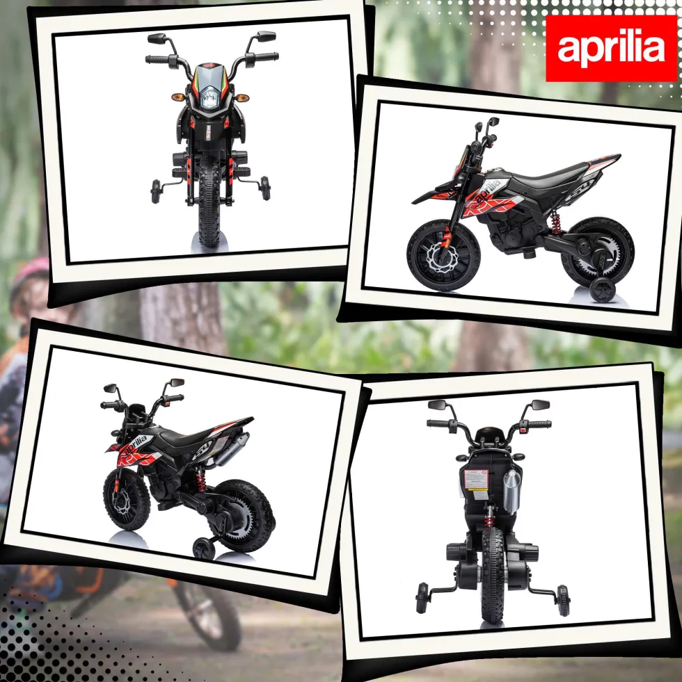 12V Elmotorcykel för Barn, Licensierad Aprilia, Med Avtagbara Stödhjul, 6 km/h, Bakfjädring, Röd