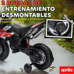 12V Elmotorcykel för Barn, Licensierad Aprilia, Med Avtagbara Stödhjul, 6 km/h, Bakfjädring, Röd