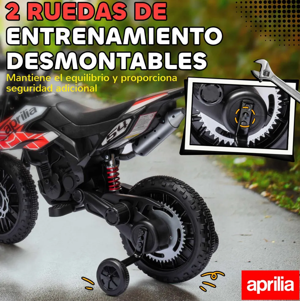 12V Elmotorcykel för Barn, Licensierad Aprilia, Med Avtagbara Stödhjul, 6 km/h, Bakfjädring, Röd