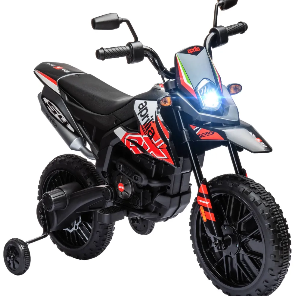 12V Elmotorcykel för Barn, Licensierad Aprilia, Med Avtagbara Stödhjul, 6 km/h, Bakfjädring, Röd