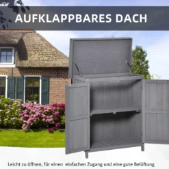 Verktygsskåp, dubbeldörrar, gångjärnsförsett lock, 2 hyllor, väderbeständig, naturträ, grå, 74 x 43 x 88 cm