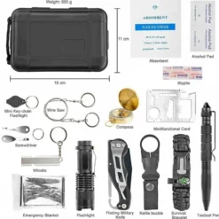 Överlevnadskit / 19 delars set med kniv, kompass, tändstål och väska