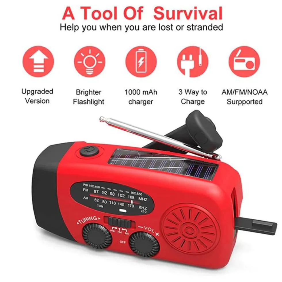 Vevradio med Solceller, Ficklampa och 2000mAh Powerbank SOS