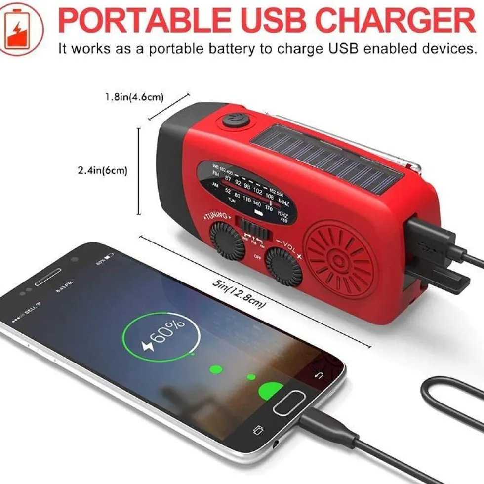 Vevradio med Solceller, Ficklampa och 2000mAh Powerbank SOS