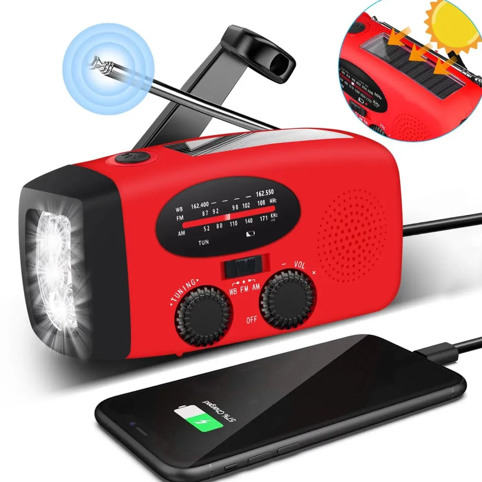 Vevradio med Solceller, Ficklampa och 2000mAh Powerbank SOS