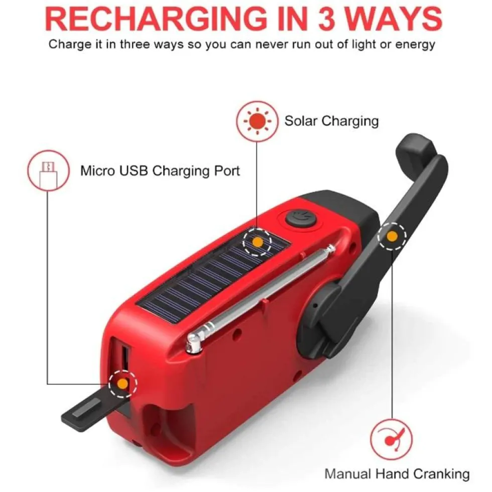 Vevradio med Solceller, Ficklampa och 2000mAh Powerbank SOS