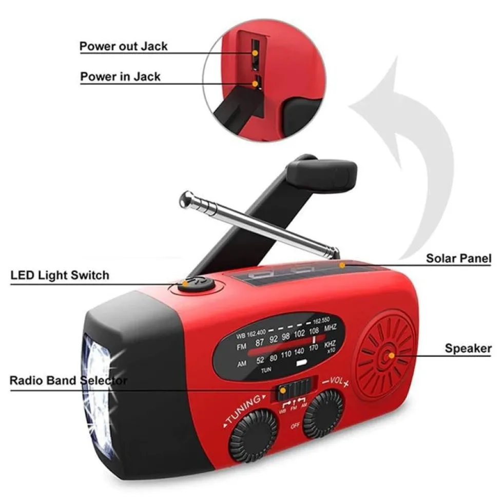 Vevradio med Solceller, Ficklampa och 2000mAh Powerbank SOS