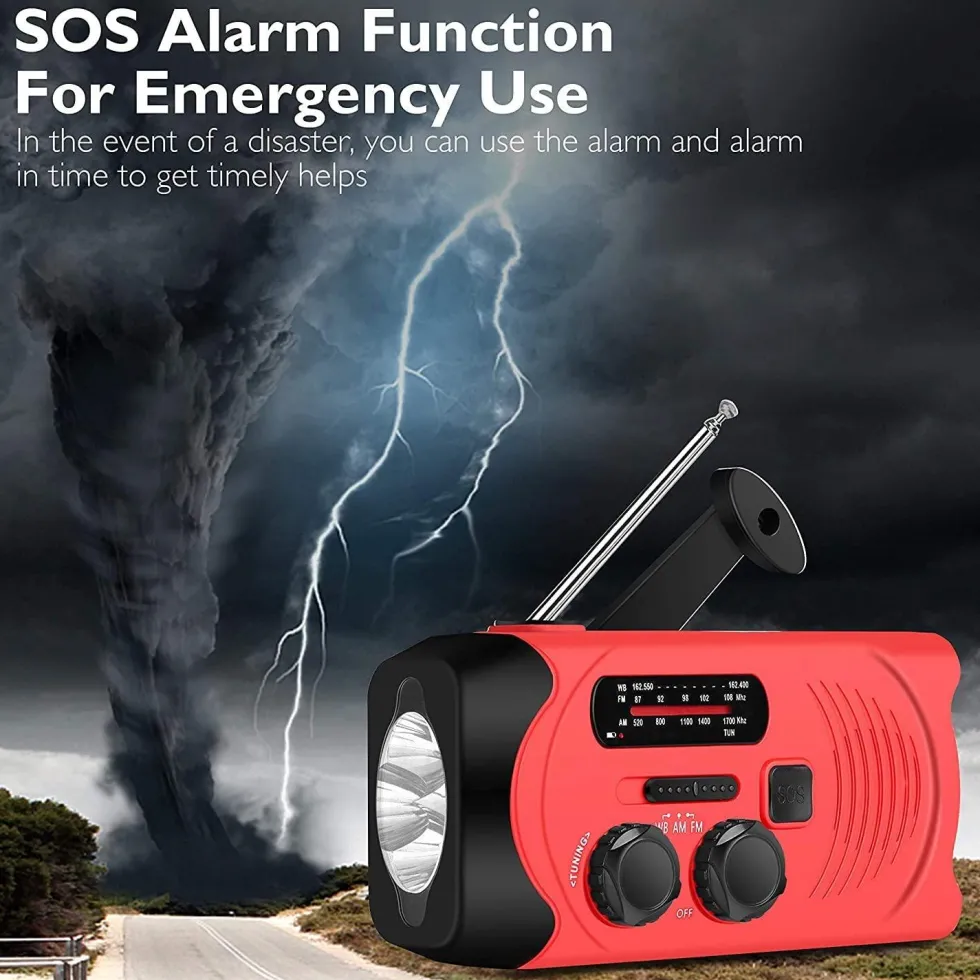 Vevradio med Solceller, Ficklampa och 2000mAh Powerbank SOS