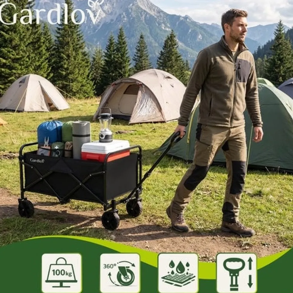 Vikbar trädgårdsvagn 90L 100 kg 4 hjul 360° svängbara svart
