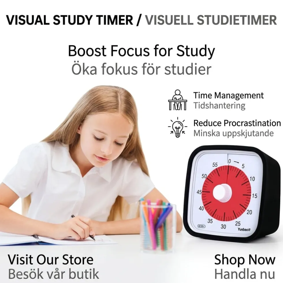 Visuell timer 60 minuter 2-pack – tyst timer för barn, klassrum och läxläsning, svart - klassrum skola för barn