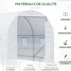 Växthustunnel 9 m² 4,45x2x2 m förstärkt 18 mm stålram vit 6 fönster