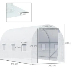 Växthustunnel 9 m² 4,45x2x2 m förstärkt 18 mm stålram vit 6 fönster