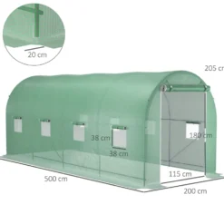 Växthustunnel 10m² 5x2x2,05m stålram med dragkedja och 8 rullfönster gröna
